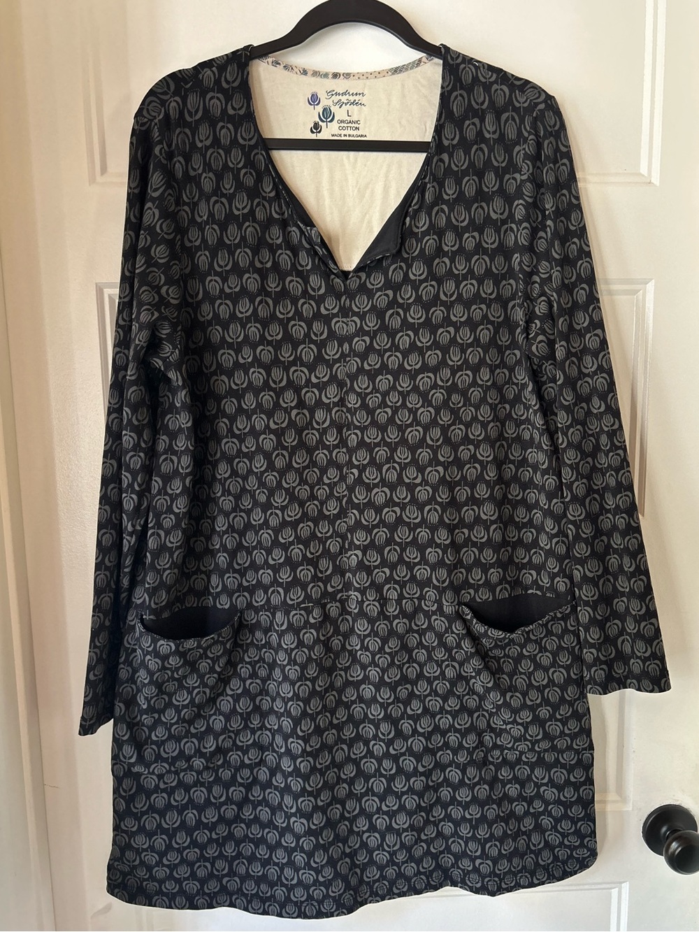 Gudrun Sjödén Organic Cotton Tulip Print Tunic Dress L Black Gray Lagenlook